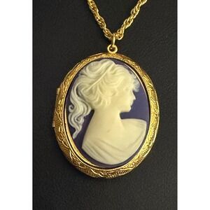 Vintage Cameo Locket Necklace Victorian Revival Gold Tone